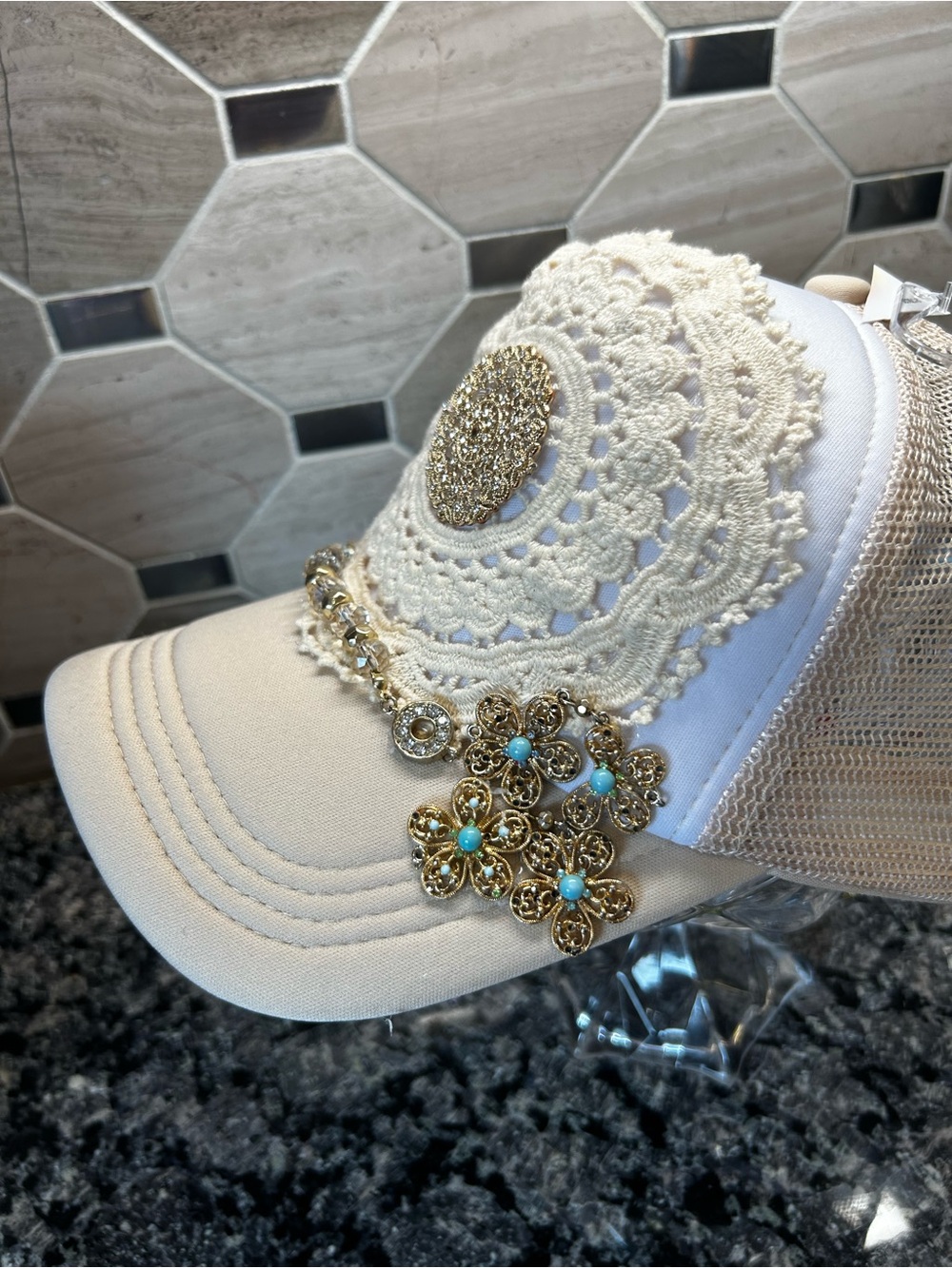 OOAK Boho Doily & Vintage Jewelry Trucker Hat | Handmade Cream Snapback